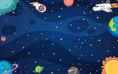 Background template design with spaceship and many planets in space illustration clipart