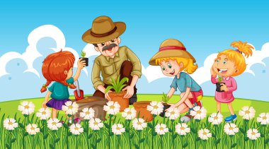 Bahçe illüstrasyonuna ağaç eken insanların olduğu doğa sahnesi.