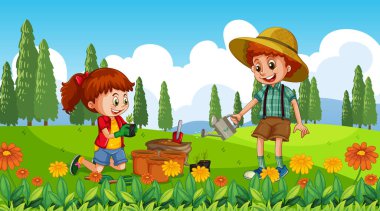 Erkek ve kızın bahçe resimlerinde ağaç diktiği doğa sahnesi.