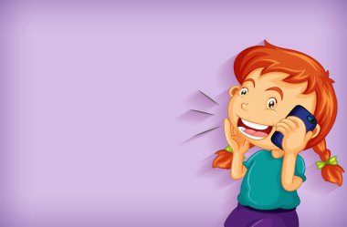 Sade bir arka plan, telefonda konuşan mutlu bir kız.