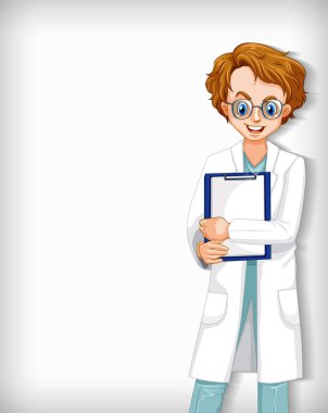 Düz arkaplan ve notları olan erkek doktor.