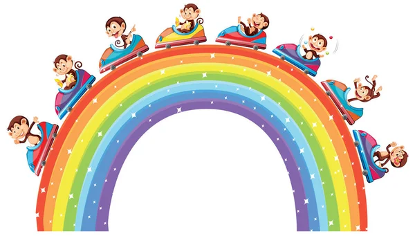 Happy Monkeys Riding Toy Cars Rainbow Illustration — Stock Vector