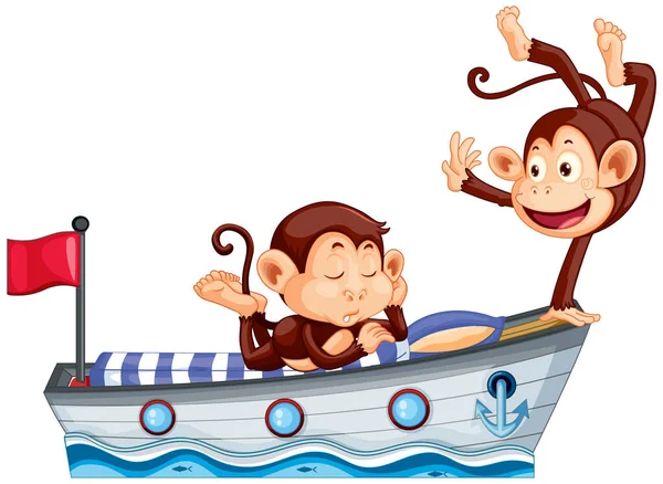 Two Happy Monkey Boat Bed Illustration — Stock Vector