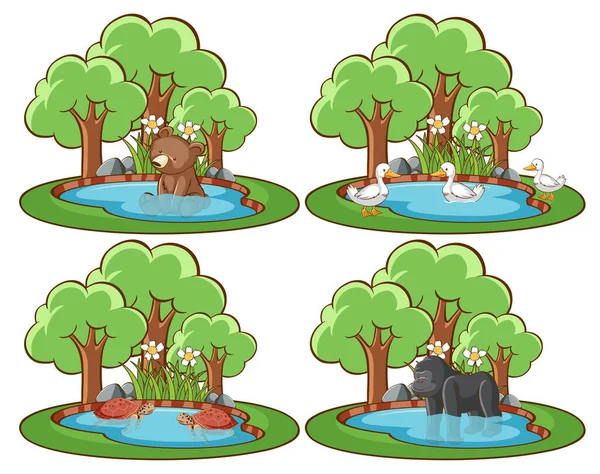 Набір Диких Тварин Парку Ілюстрацією Ставка Дерева — стоковий вектор