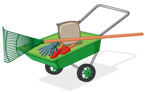 Carro Verde Con Attrezzi Giardinaggio Sacchetto Illustrazione Del Terreno — Vettoriale Stock