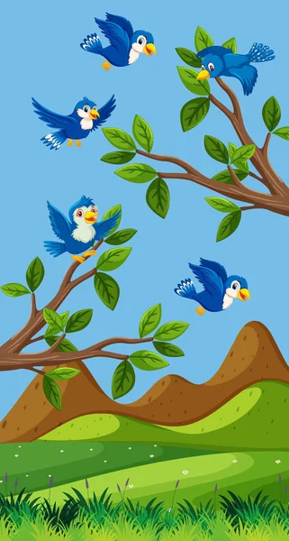 Escena Con Pájaros Azules Volando Sobre Campo Ilustración — Vector de stock