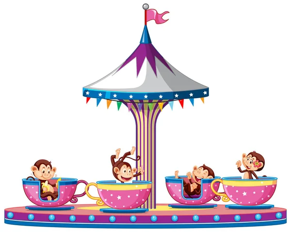 Happy Monkeys Riding Cups Circus Illustration — Stock Vector
