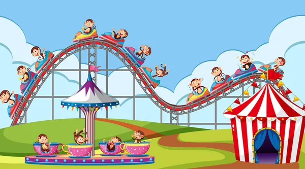 Scene Monkeys Riding Roller Coaster Cup Spin Park Illustration — Stock Vector