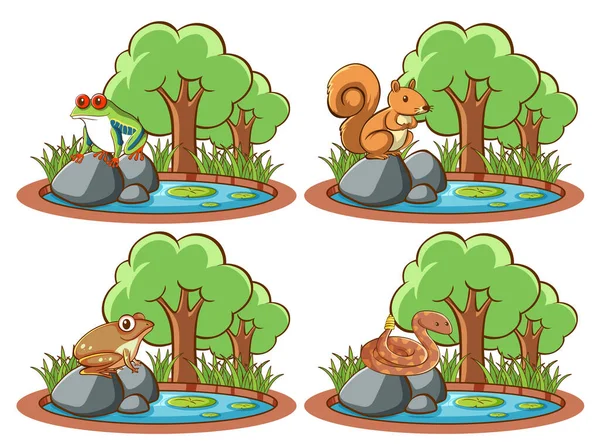 Set Wild Animals Park Pond Tree Illustration — 스톡 벡터
