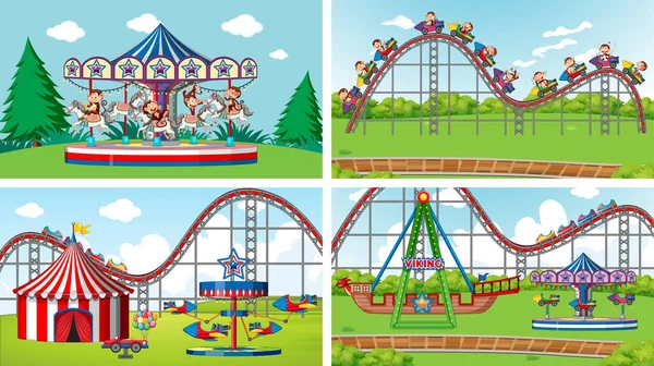 Four Scenes Many Rides Fun Fair Illustration — Stock Vector