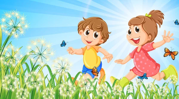 Fondo Escena Naturaleza Con Niños Felices Ilustración Del Jardín — Vector de stock