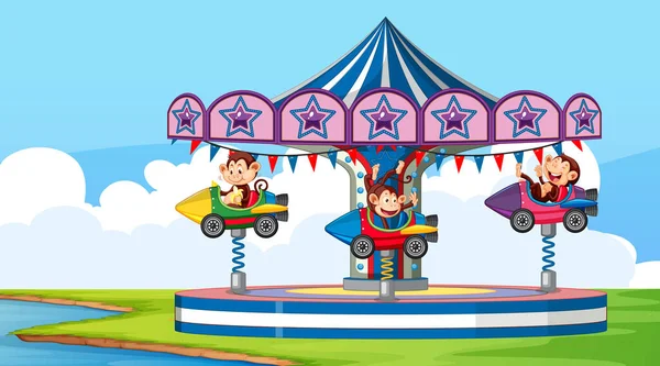 Scene Cute Monkeys Riding Rocket Ride Park Illustration — Stock Vector
