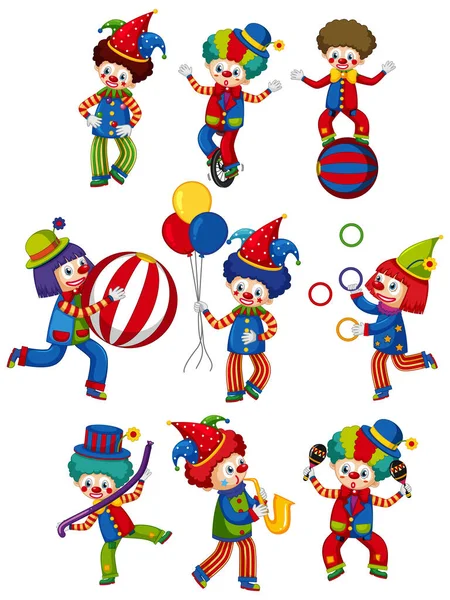 Grand Ensemble Clowns Cirque Faisant Différentes Astuces Illustration — Image vectorielle