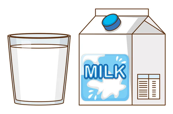 白色背景图上的盒子和玻璃杯中的鲜牛奶 — 图库矢量图片