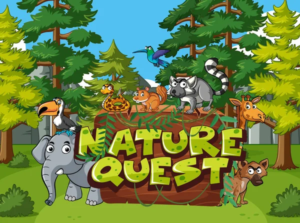 Waldszene Mit Wort Nature Quest Mit Wilden Tieren Hintergrund — Stockvektor