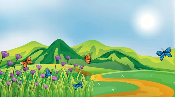 Natuur Scene Achtergrond Met Vlinders Het Veld Illustratie — Stockvector