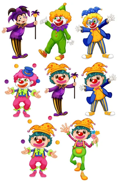 Ensemble Clowns Drôles Dans Différents Costumes Illustration — Image vectorielle