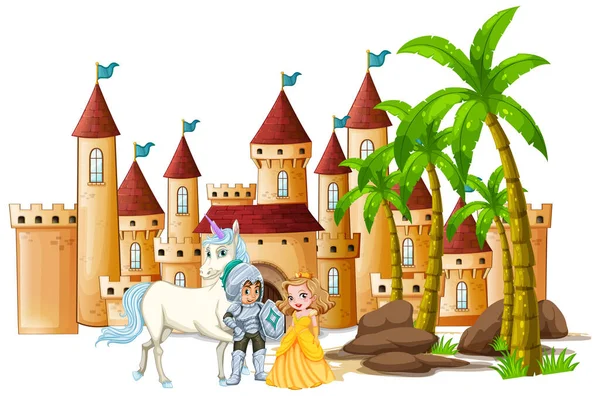 Scène Avec Chevalier Princesse Illustration Château — Image vectorielle