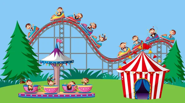 Scena Cute Małpy Jazda Roller Coaster Spinning Cup Ilustracja — Wektor stockowy