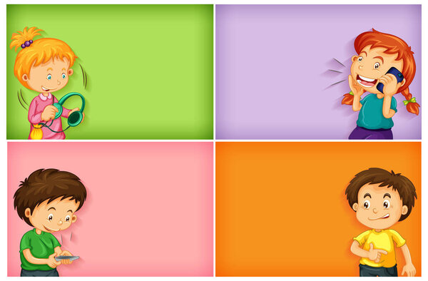 Plain backgrounds with happy boys and girls using their phone illustration