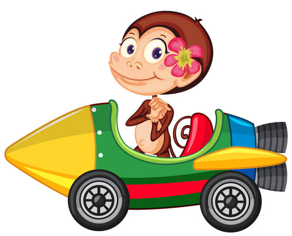 Monkey riding on toy rocket on white background illustration