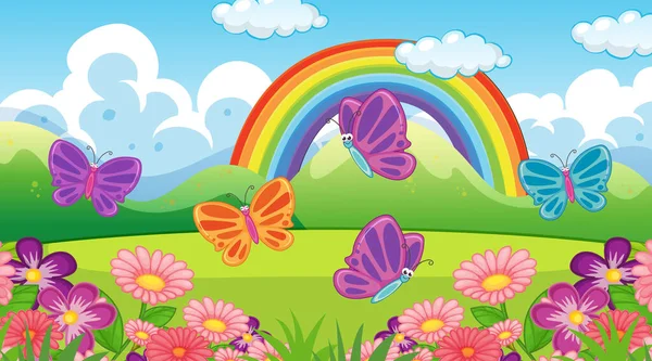 Natuur Scene Achtergrond Met Vlinders Regenboog Tuin Illustratie — Stockvector