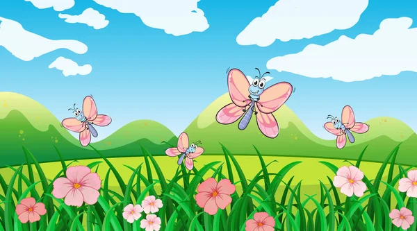 Nature Scene Background Butterflies Garden Illustration — Stock Vector