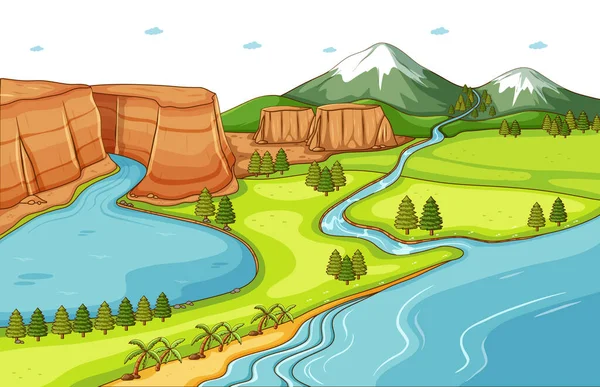 Dağ Çiziminde Nehir Akan Doğa Sahnesi Arka Planı — Stok Vektör