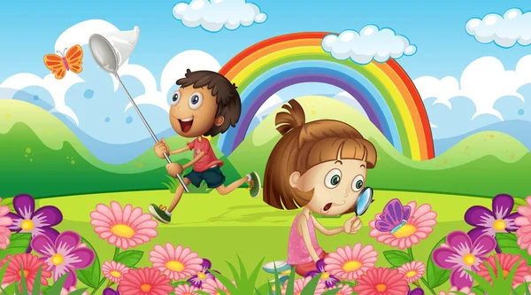 Természet Jelenet Háttér Gyerekekkel Pillangó Kertben Illusztráció — Stock Vector