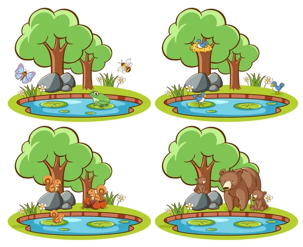 Sada Divokých Zvířat Parku Rybníkem Stromovou Ilustrací — Stockový vektor
