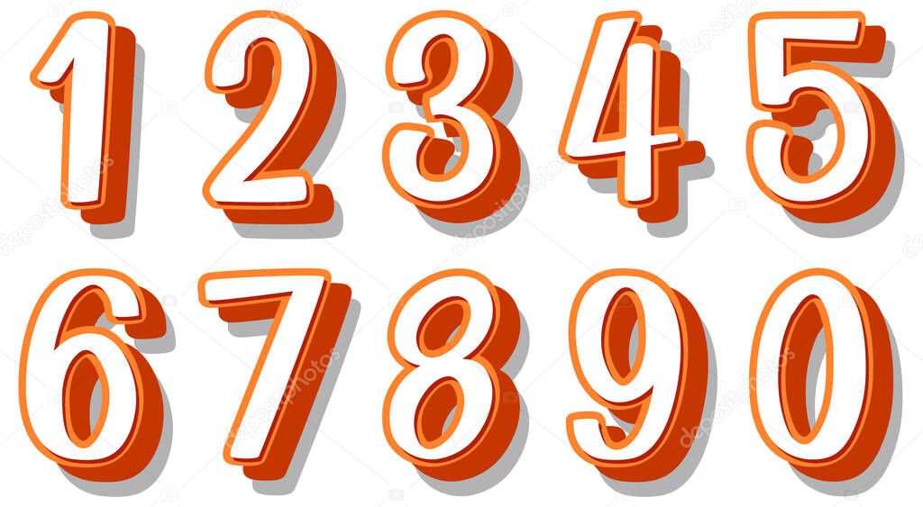 Font design for numbers one to zero on white background illustration