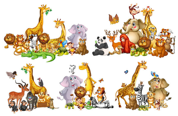 Set of wild animals in groups on white background illustration