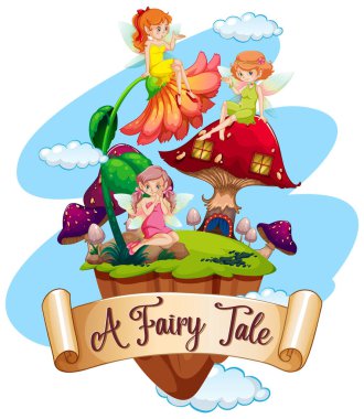 Kelimesi kelimesine yazı tipi tasarımı. Bir peri masalı. Bahçede uçuşan bir sürü peri var.