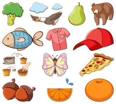 Beyaz arkaplan illüstrasyonunda geniş yiyecek ve diğer ögeler