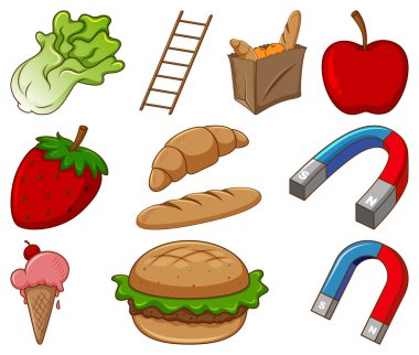 Beyaz arkaplan illüstrasyonunda geniş yiyecek ve diğer ögeler