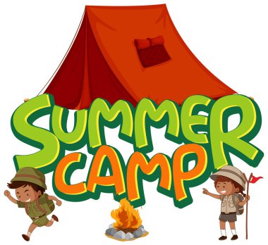 Çadır illüstrasyonunun yanında çocuklarla birlikte yaz kampı için yazı tipi tasarımı.