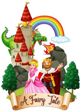 Kale çiziminde kral ve kraliçeyle kelime peri masalı için yazı tipi tasarımı