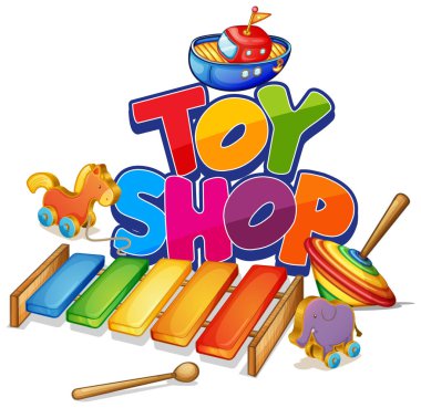 Beyaz arkaplan illüstrasyonunda birçok oyuncağı olan oyuncak mağazası için yazı tipi tasarımı