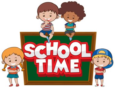 Mutlu çocuk resimleriyle kelime okulu zamanı için yazı tipi tasarımı