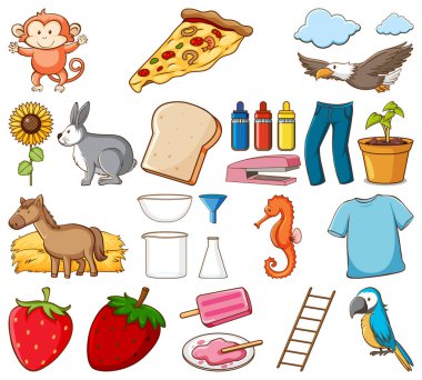 Beyaz arkaplan illüstrasyonunda geniş yiyecek ve diğer ögeler