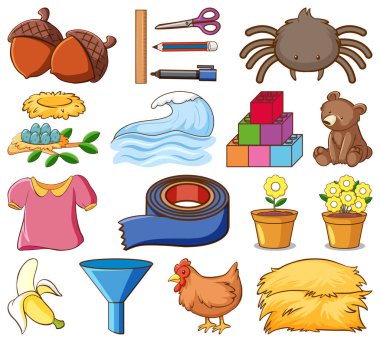 Beyaz arkaplan illüstrasyonunda büyük farklı ögeler kümesi