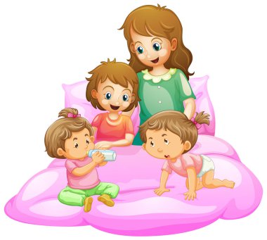 Anne ve çocukların yatak illüstrasyonuna hazırlandığı sahne