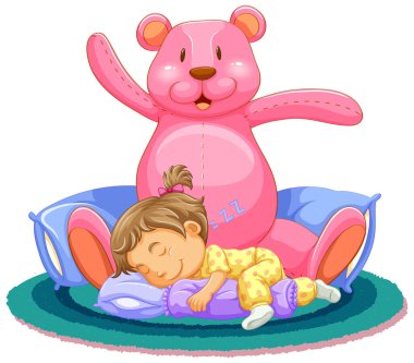 Küçük kızın pembe oyuncak ayıyla uyuduğu sahne.