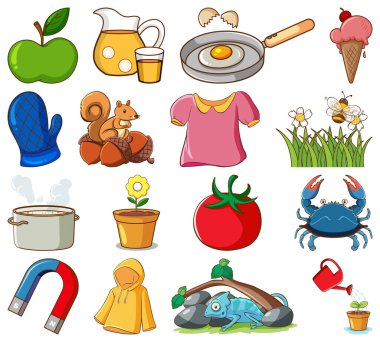 Beyaz arkaplan illüstrasyonunda geniş yiyecek ve diğer ögeler