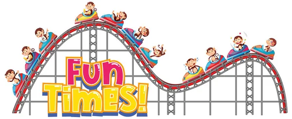 Font Design Word Fun Times Happy Monkeys Riding Roller Coaster — Stock Vector