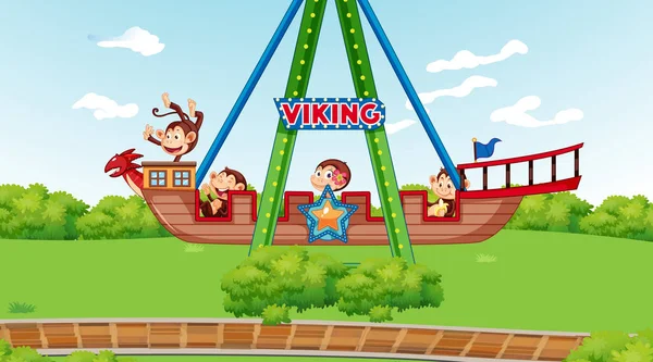 Monos Felices Cabalgando Barco Vikingo Parque Ilustración — Archivo Imágenes Vectoriales