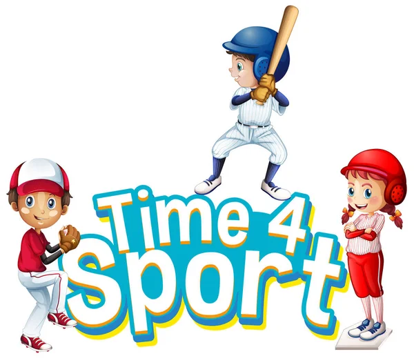Дизайн Шрифта Слова Время Спорта Детьми Занимающимися Бейсболом Иллюстрации — стоковый вектор