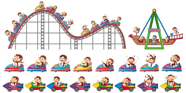 Conjunto Macacos Montando Diferentes Passeios Ilustração Circo — Vetor de Stock