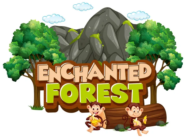 Font Design Word Enchanted Forest Monkeys Forest Illustration — Stock Vector