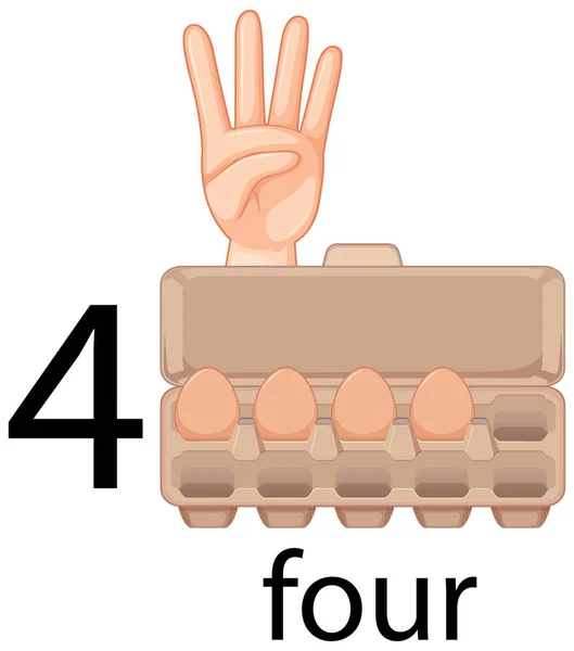 Karton Resimde Yumurtalarla Birlikte Dört Numarayı Sayıyorum — Stok Vektör